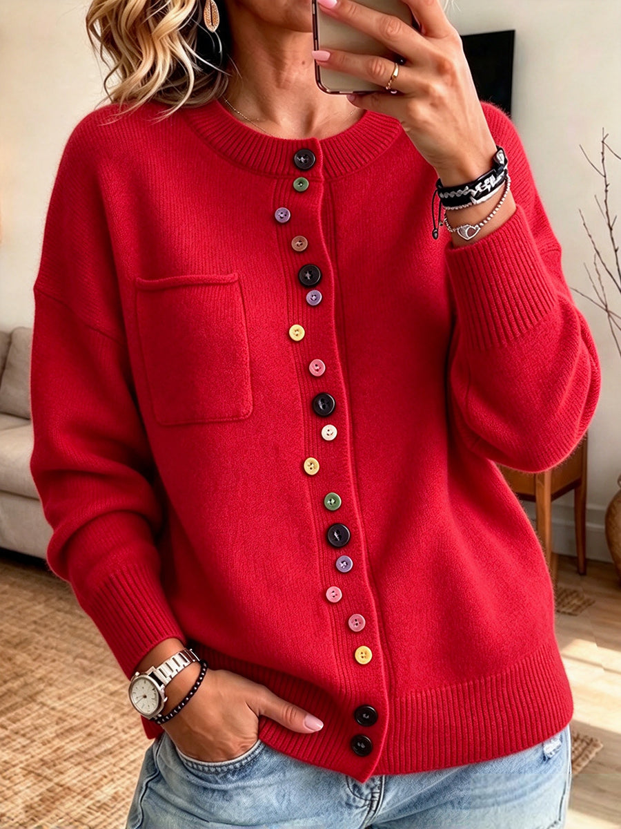Gemütlicher, lässiger, mehrfarbiger Strick-Cardigan mit Knöpfen
