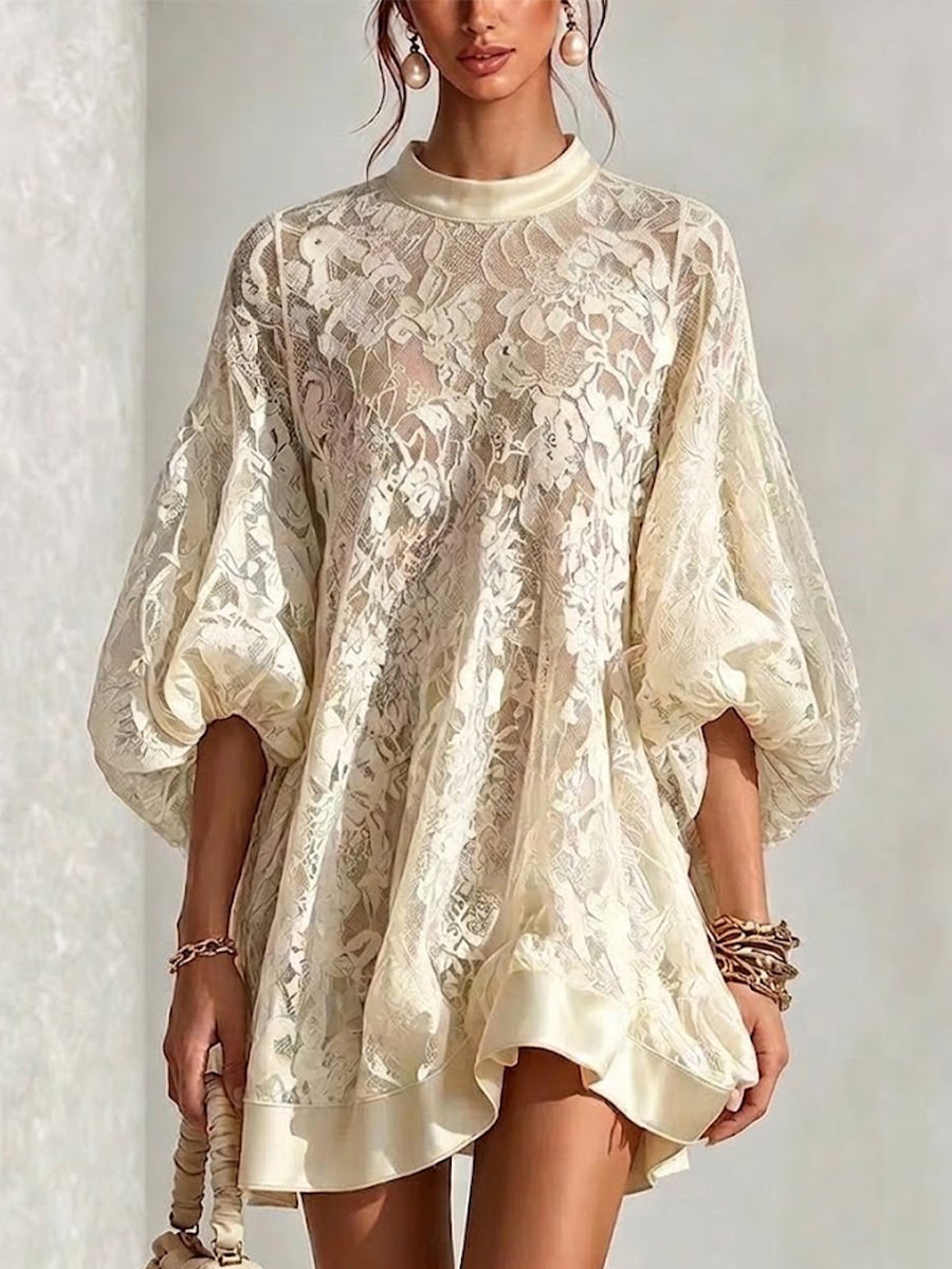 Casual Loose-fit Puff-sleeve Lace Dress