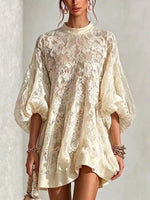 Casual Loose-fit Puff-sleeve Lace Dress