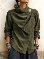 Elegante Blusa De Ante Verde Oliva Con Escote Drapeado Asimétrico