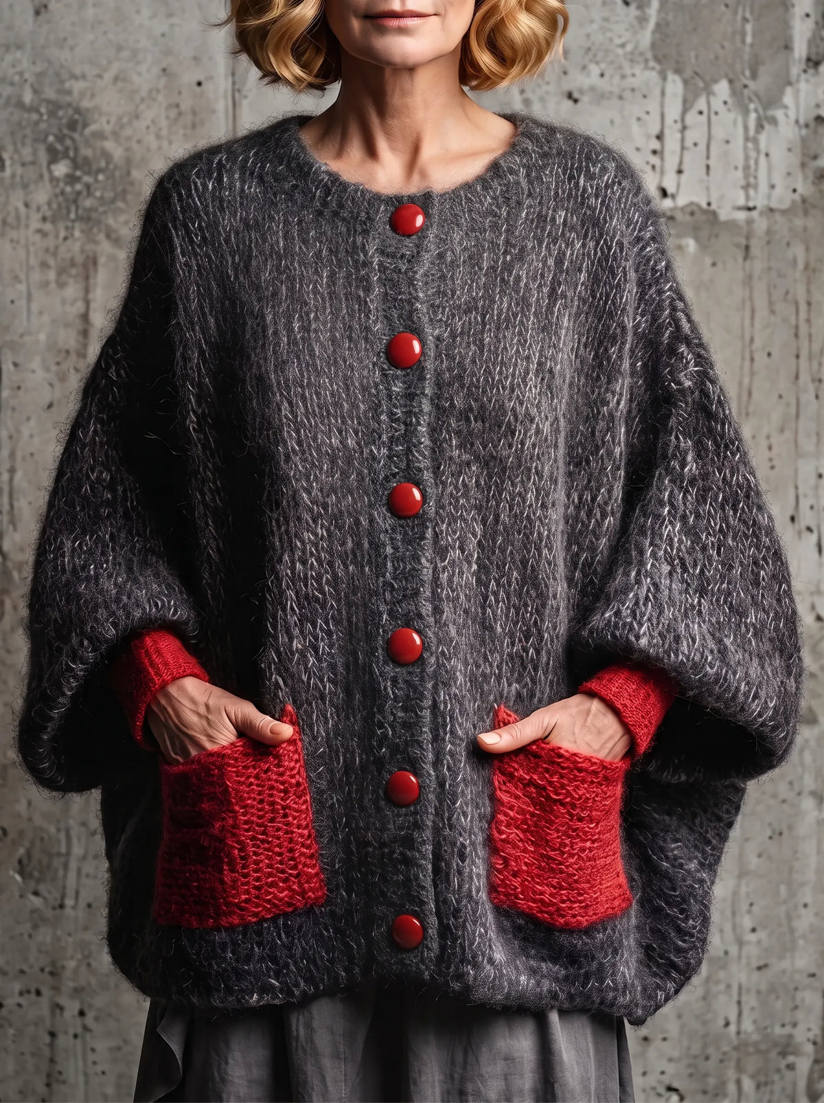 Chic Charcoal & Red Contrast Pocket Knit Cardigan