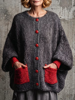Chic Charcoal & Red Contrast Pocket Knit Cardigan