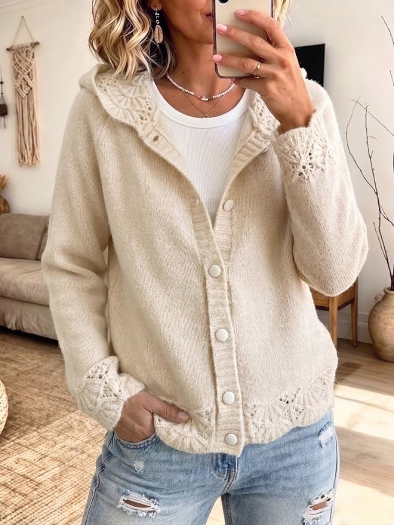 Durchbrochener Häkel-Cardigan mit Kapuze
