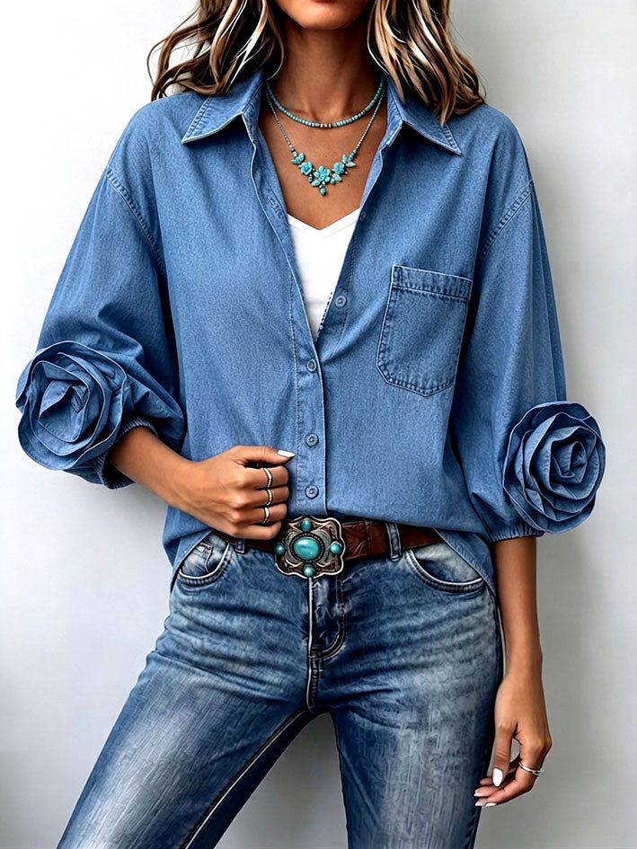 Chic Casual 3d Rose Flower Denim Shirt