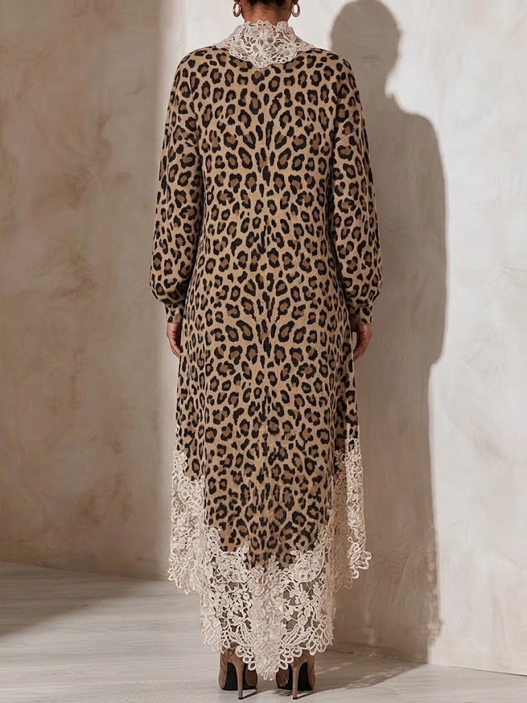Comfortable, Loose-fit Knit Dress With Leopard Print And Lace Paneling.