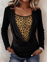 Chic O-Ring Accent Leopard Patchwork Long Sleeve Top