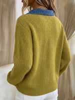 Women's Ribbed Knit Sweater With Contrast Denim Patchwork