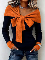 Women's Casual Loose-fit Long-sleeve Color-block Knit Top With Bow And V-neck