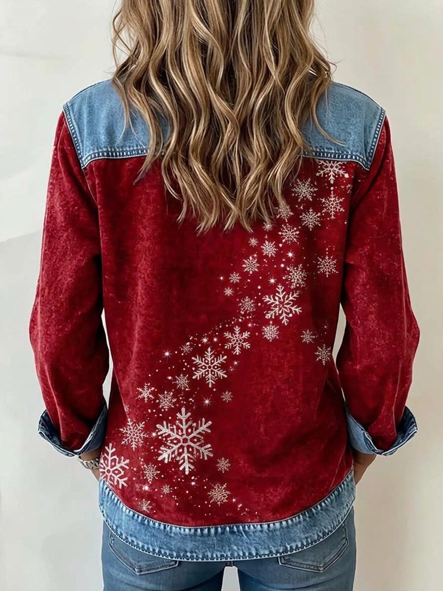 Top da donna con stampa natalizia di fiocchi di neve con accenti in denim