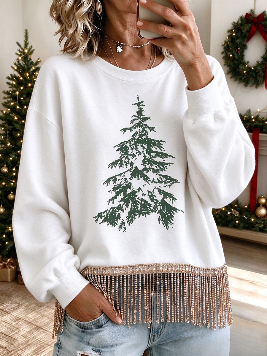 Festliches Sweatshirt mit Baum-Grafik und Strass-Fransen
