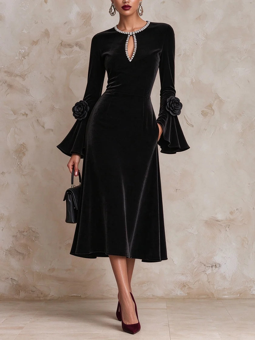Exquisite, Ornate Rhinestone-collared Velvet Midi Dress