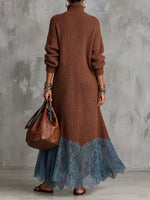Bohemian Chic Ribbed Knit Lace-Trim Sweater Dress