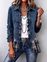 Chic Denim Ruffle Plaid Jacket