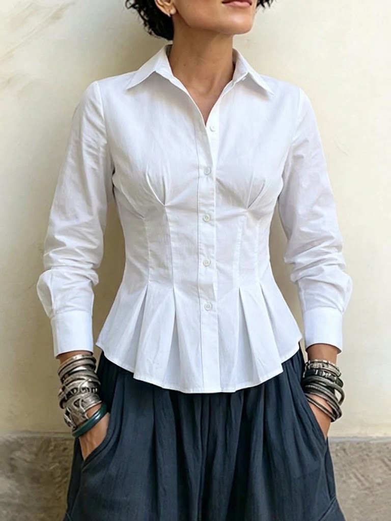 Camisa de manga larga con diseño de cuello, volantes y plisado que se ciñe a la cintura