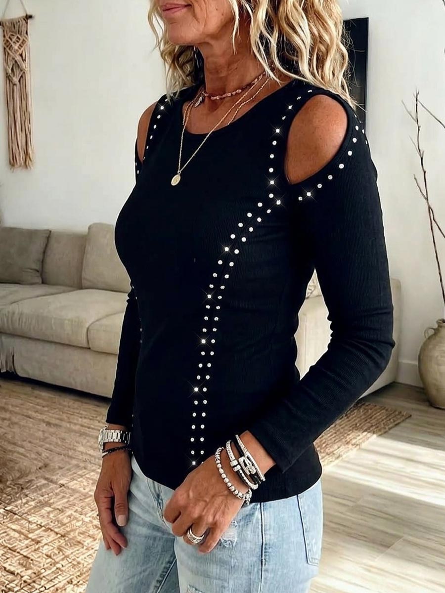 Women's Solid Color Crew Neck Cold-Shoulder Long-Sleeve Loose Casual Rhinestone-Embellished Top