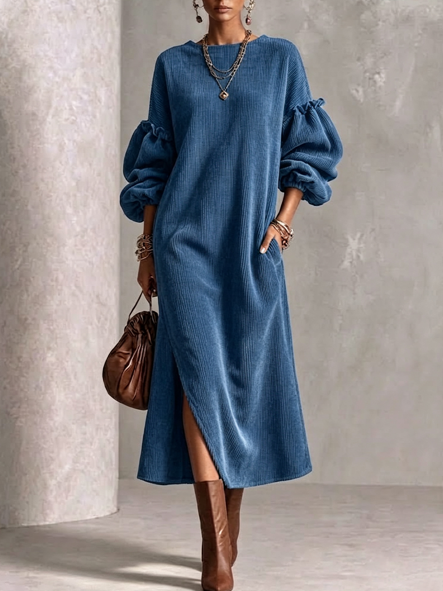 Corduroy Maxi Skirt With Crew Neck, Lantern Sleeves, And Side Slit