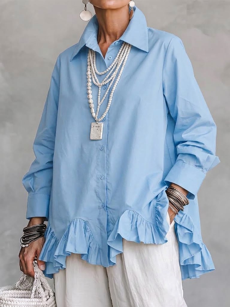 Chic Cotton Shirt With A Ruffled Hem