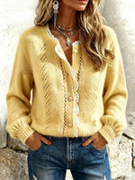 Elegant Crochet-trimmed Pointelle Knit Sweater Cardigan