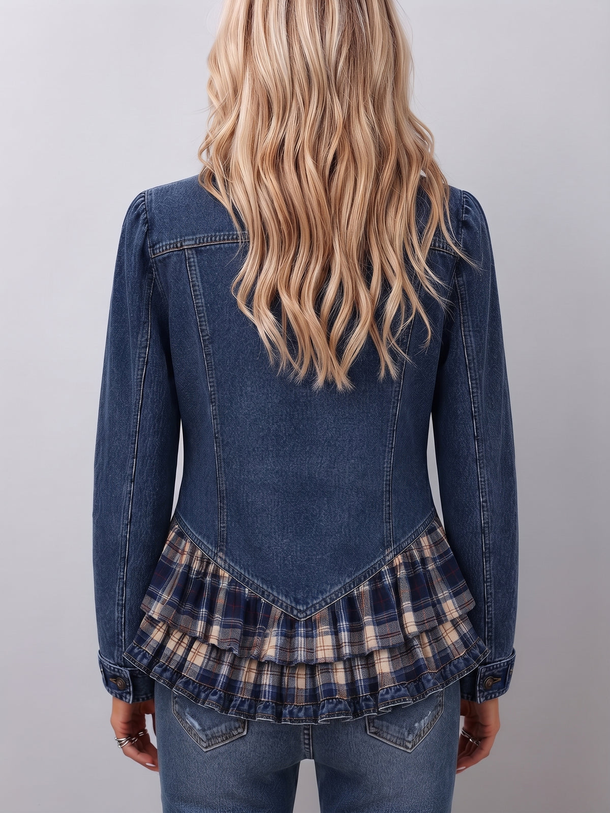 Chic Denim Ruffle Plaid Jacket