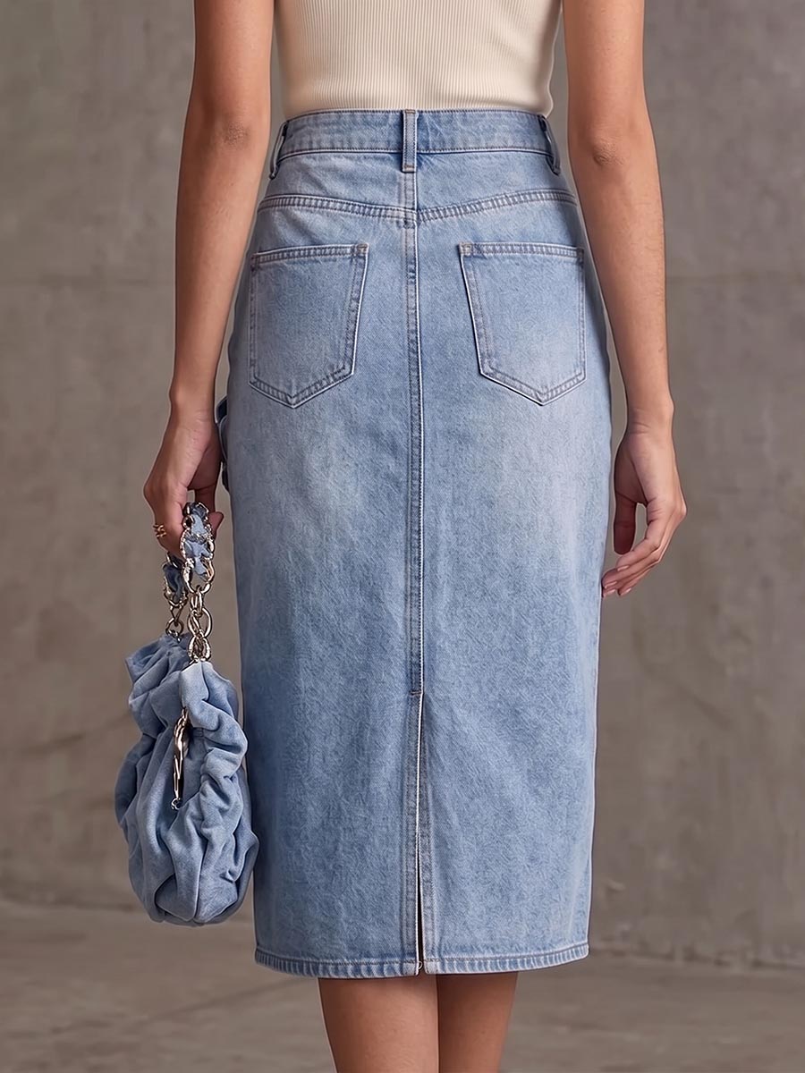 Women's High-waisted Casual Loose-fitting Three-dimensional Floral Slit Denim Midi Skirt