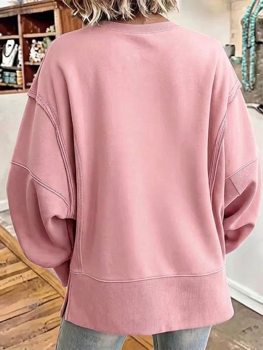 Crew Neck Contrast Stitching Side‑slit Oversized Sweatshirt