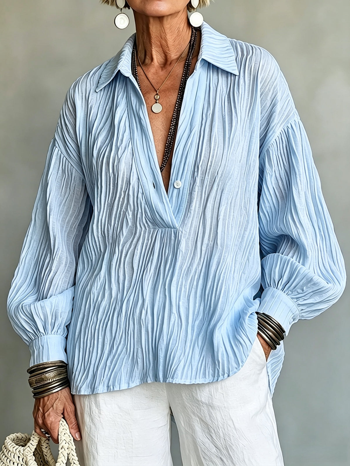 Elegant Burgundy Crinkled V-Neck Blouse