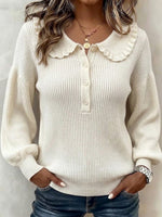 Ruffled Ribbed Knit Sweater With Partial Button Placket
