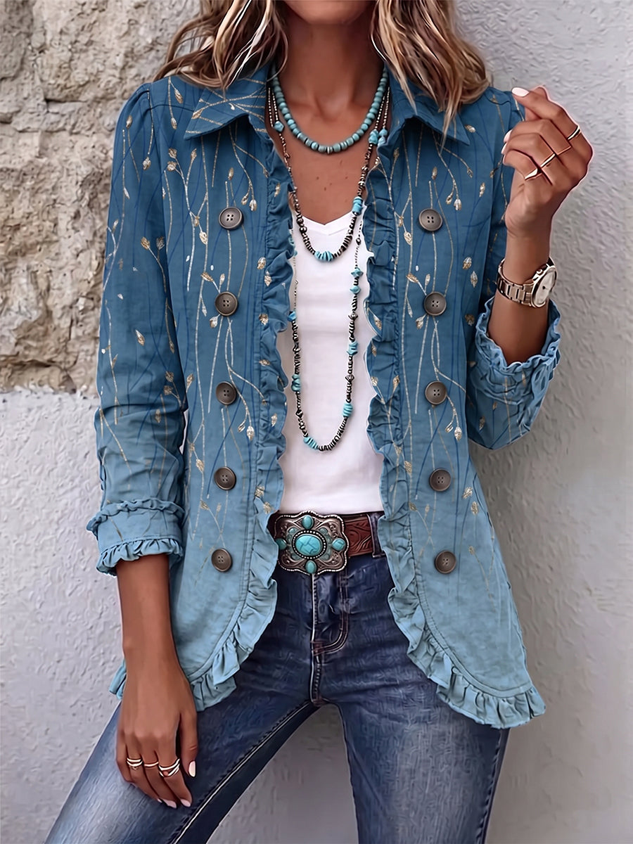 Vintage Botanical Print Ruffled Jacket