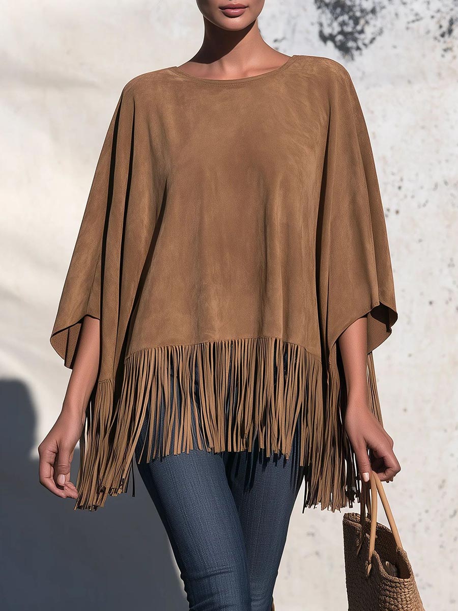 Virina Solida Koloro Kreva Kolo Longa Maniko Faux Suede Malfiksa Casual Kvasto-Supro