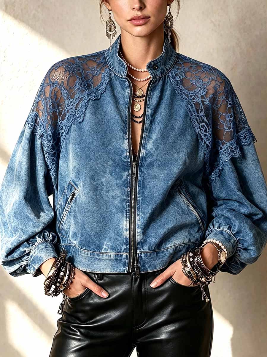 Women's Stand Collar Long Sleeve Casual Loose Denim Patchwork Lace Jacket