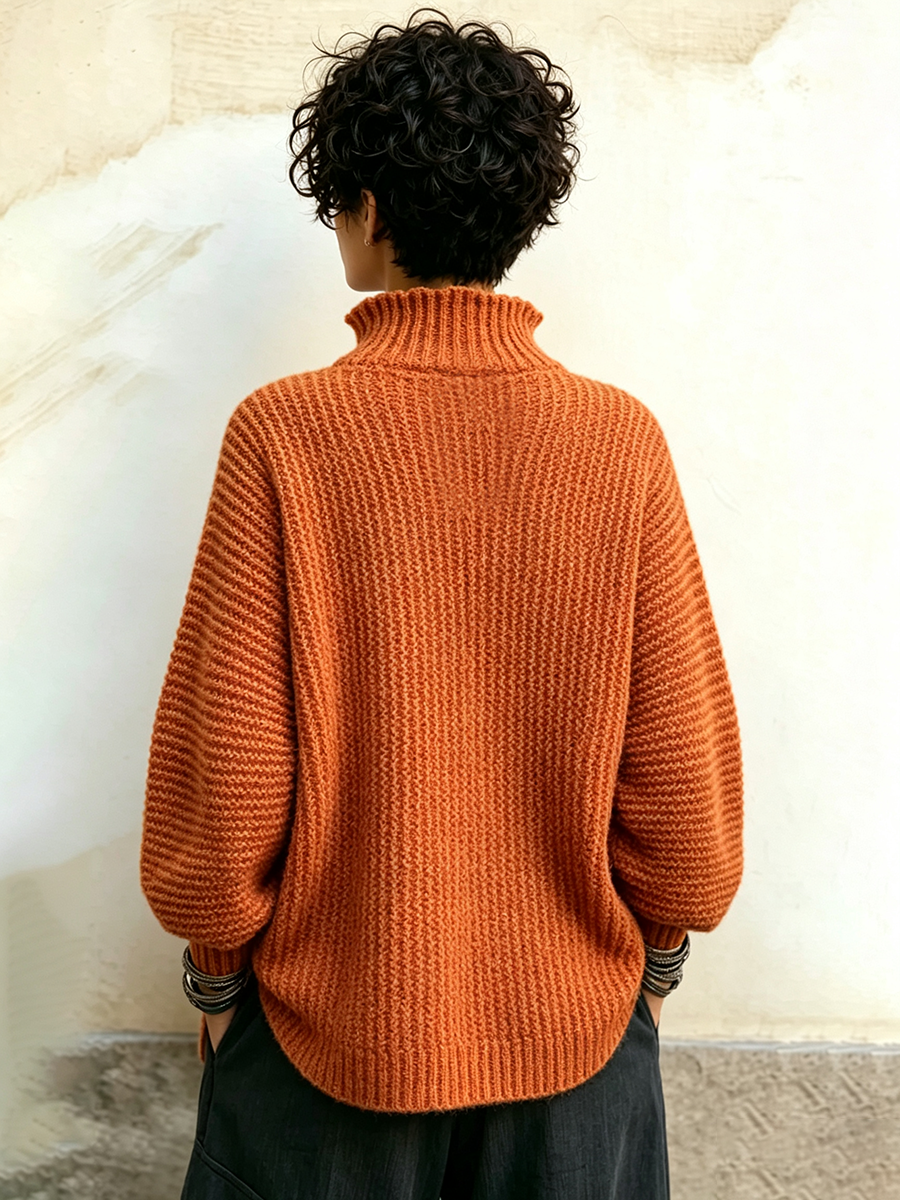 Vigla Ruĉita Turtleneck Svetero Kun Buntaj Ĉielarkaj Butonoj