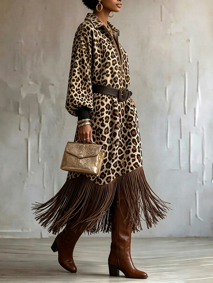 Leopard Print Fringed Hem Zip-up Midi Dress
