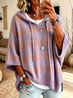 Damen-Strickponcho mit Kapuze und kariertem Muster und halben Ärmeln
