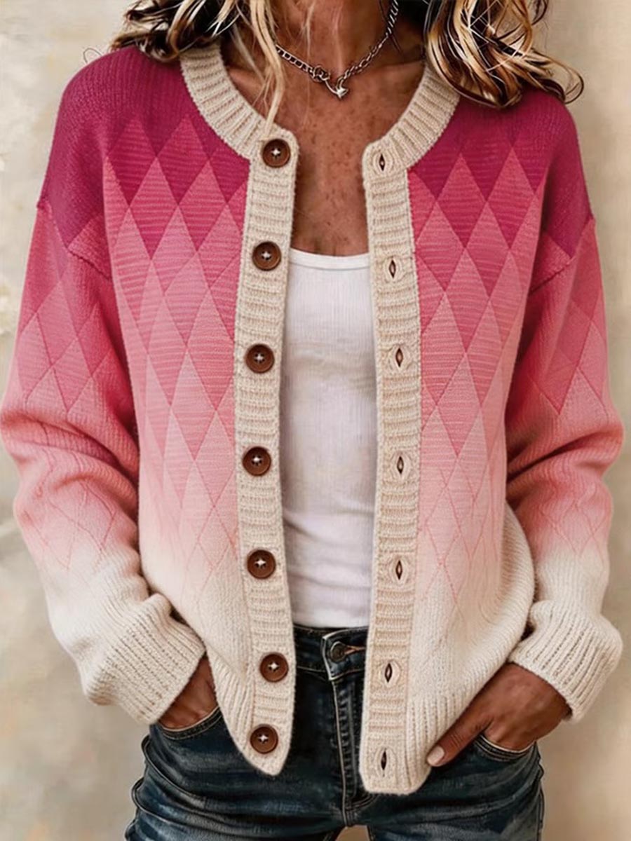 Women's Loose-fit Long-sleeve Knit Cardigan With Gradient Argyle Pattern And Crew Neck