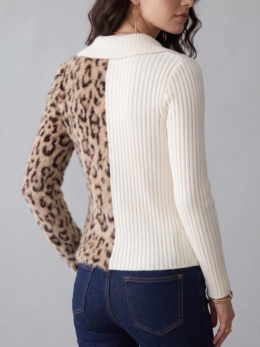Women's Two-Tone Ribbed Knit and Leopard Print Cardigan