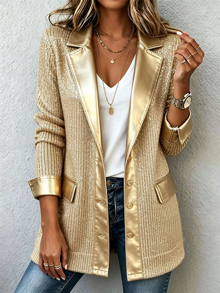 Elegante blazer in maglia dorata con eleganti finiture in ecopelle