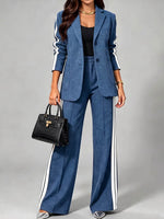 Women's Collared Long-sleeved Casual Loose Color-blocked Jacket And High-waisted Casual Loose Color-blocked Wide-leg Pants Suit