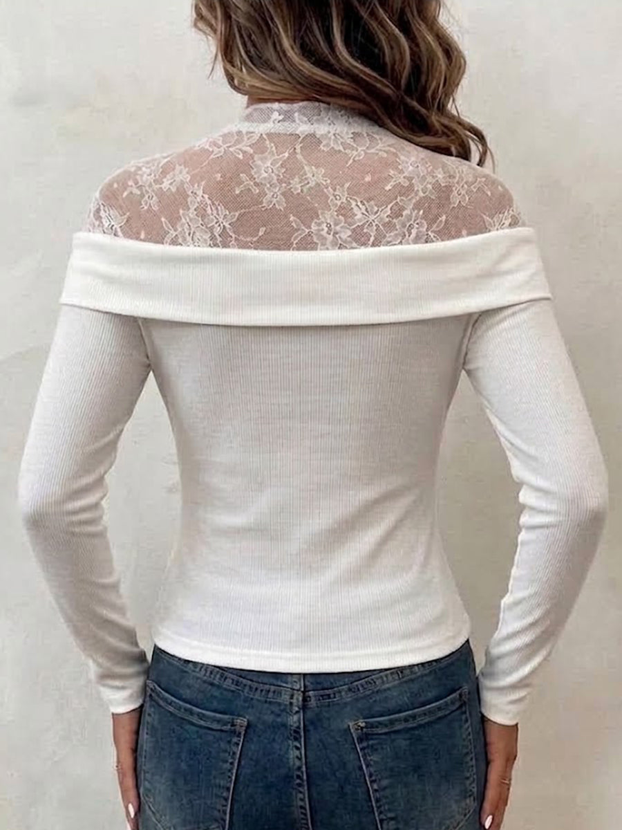 Fitted Ribbed Long-sleeve Top With Lace Splicing And 3d Floral Details