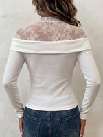Fitted Ribbed Long-sleeve Top With Lace Splicing And 3d Floral Details