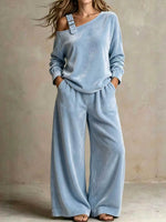 Women's Solid Color Off-shoulder Long-sleeve High-waisted Wide-leg Pants Velvet Set (loose Fit)