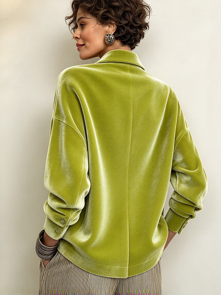 Top de terciopelo con cuello chal en verde urbano elegante