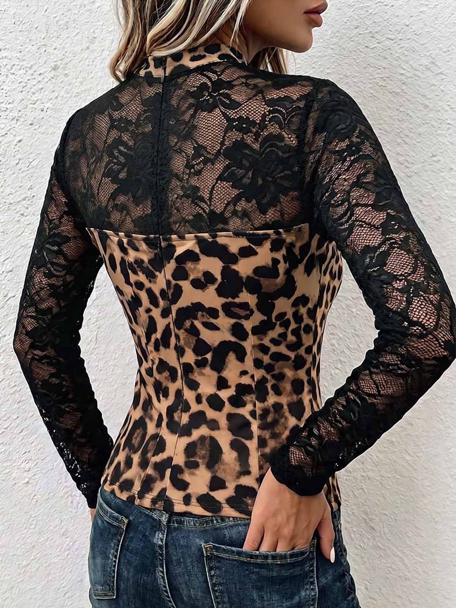 Virina Stand-kolumo Long-maniko Svelt-taŭga Leoparda Presaĵo & Punto Panelo Casual Top