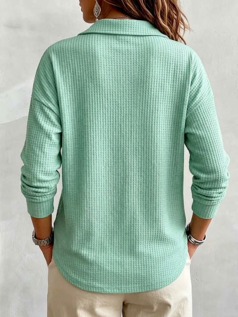 Waffle-knit Collared Long-sleeve Top With A Relaxed Fit