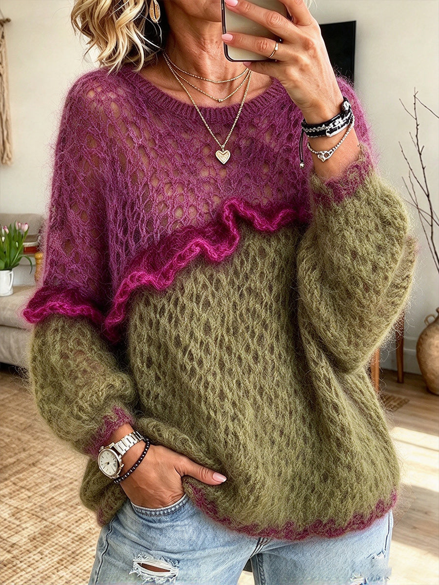 Maglione a maglia aperta in misto mohair con volant a blocchi di colore chic