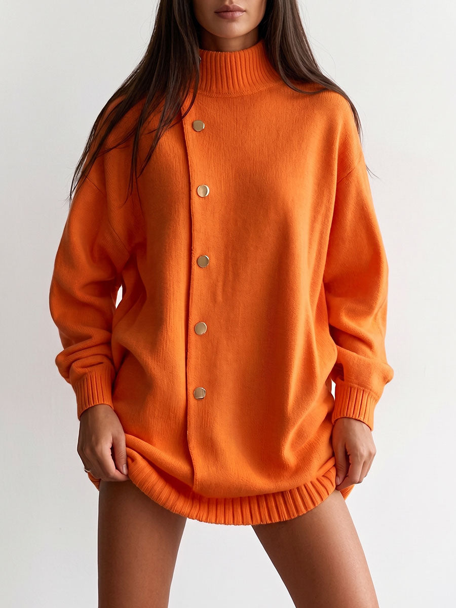 Women's Solid Color Stand Collar Long Sleeve Casual Loose Knit Sweater