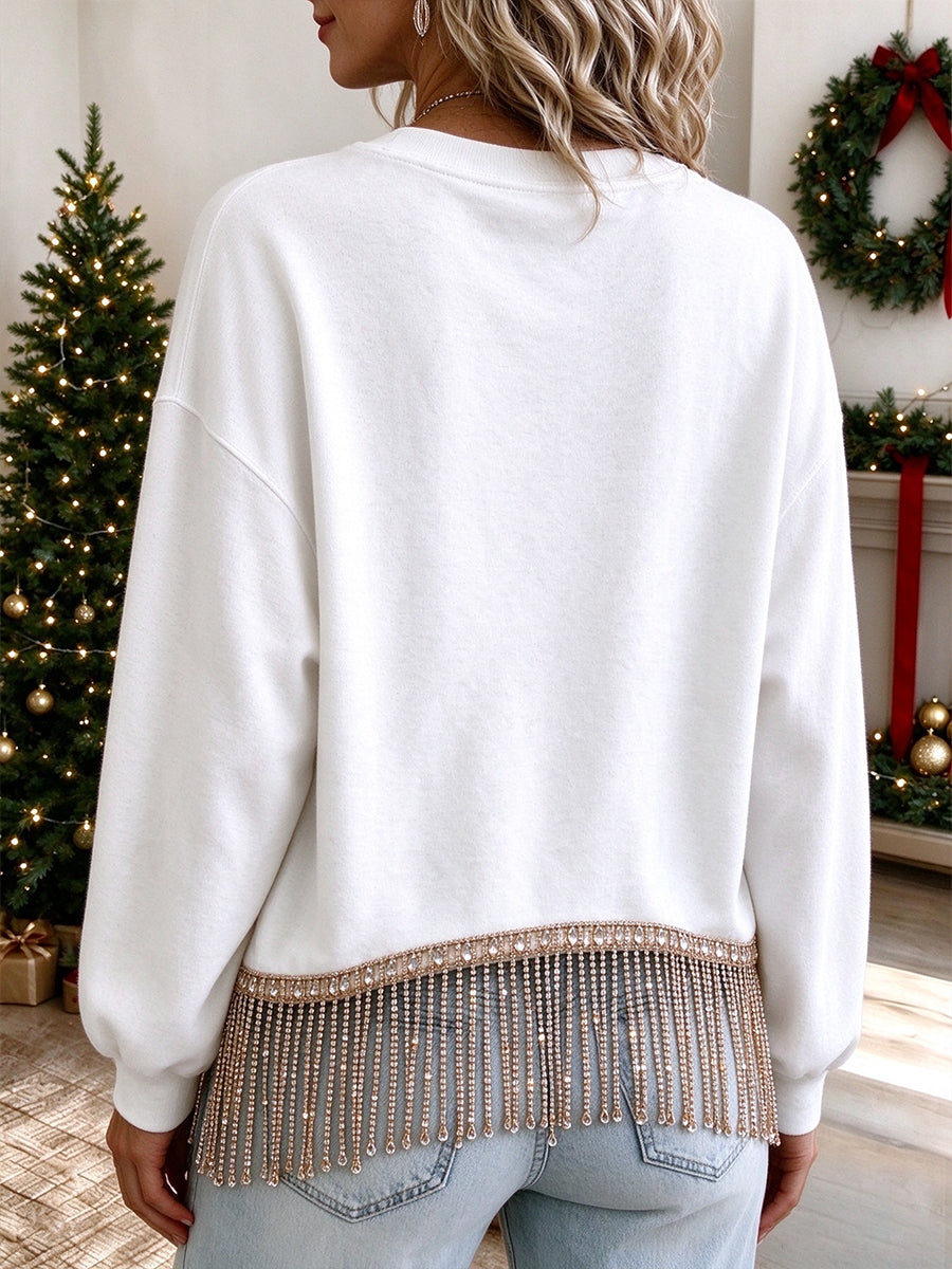 Festliches Sweatshirt mit Baum-Grafik und Strass-Fransen