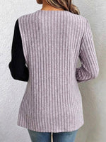 Ribbed Knit Long-sleeve Top Featuring Lace Splicing, Color-blocking, An Asymmetrical Design, And A Side-button Closure