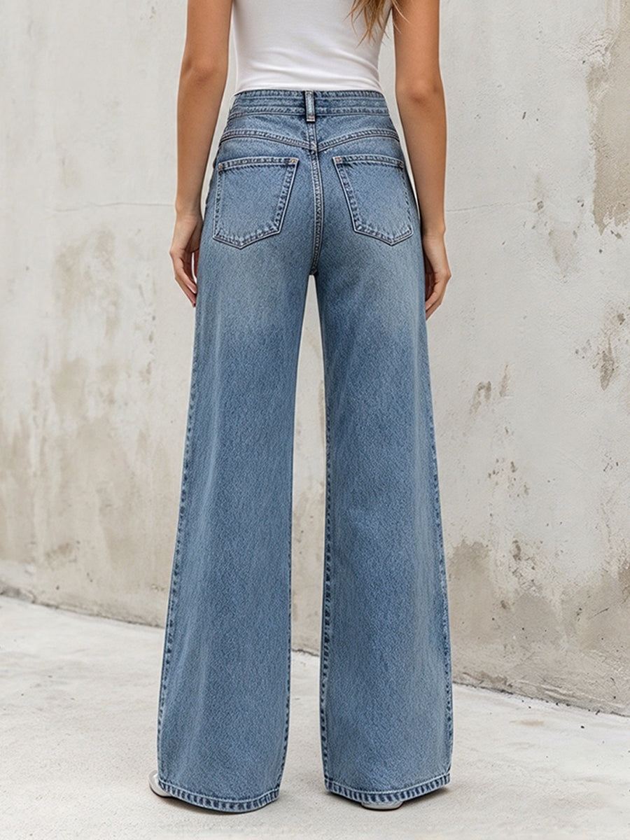 Jeans casual a gamba larga con bottoni e multi-cinghia retrò
