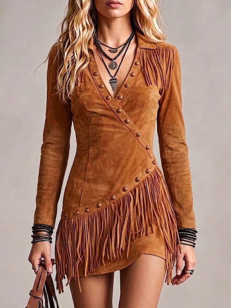 Lapel Asymmetric-button Suede Fringe Dress