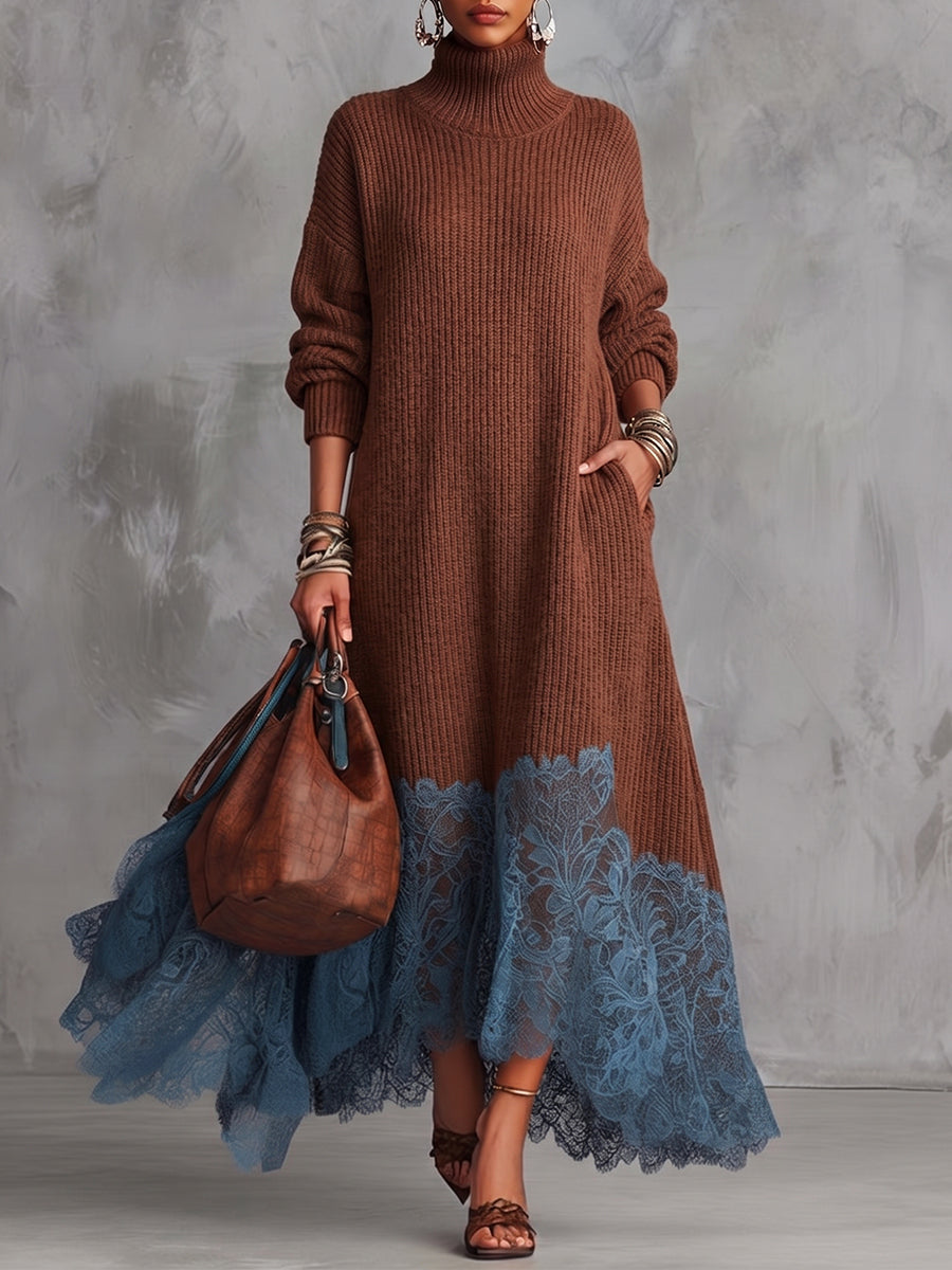 Bohemian Chic Ribbed Knit Lace-Trim Sweater Dress